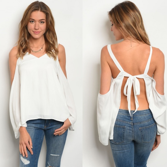 Fierce Broad Tops - White Long Sleeve Open Back Cold Shoulder Top